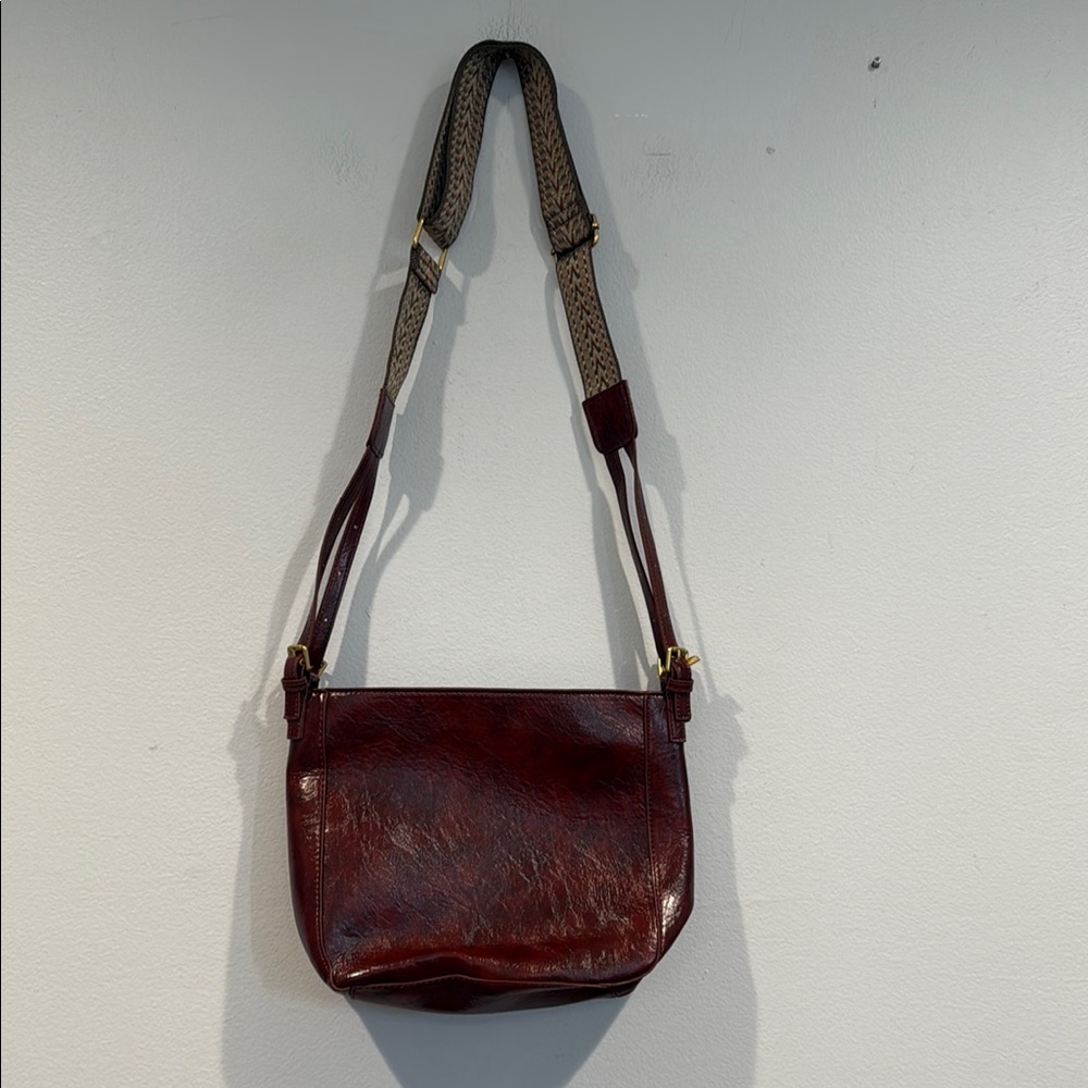 Elegant Burgundy Faux Leather Shoulder Bag with Patterned Strap